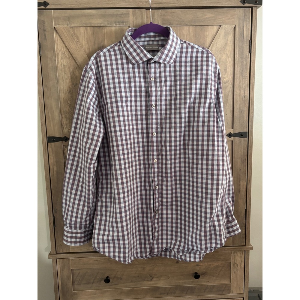 Michael Kors Mens Slim Fit Gingham Button Down Shirt Purple Grey Large 16-16.5